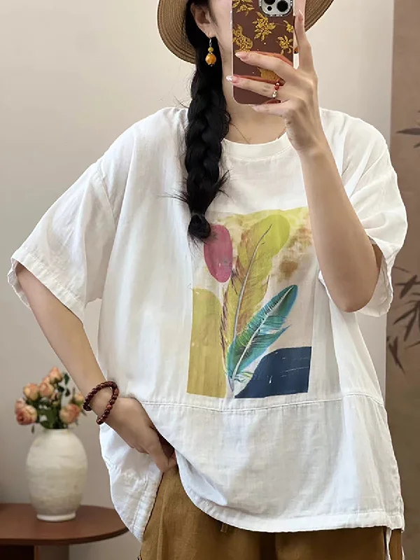Price Drop Alert Women Summer Cotton Summer Feather Print Shirt QW1010