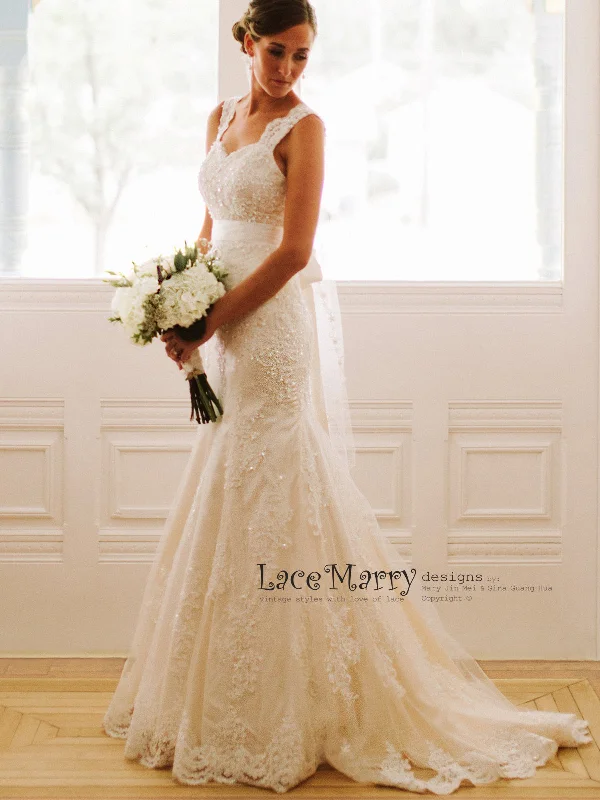 Discount Deals Beaded Lace Wedding Dress in Fit and Flare Shape