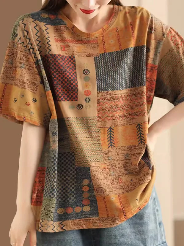 Bargain Prices Women Summer Vintage Spliced O-Neck Cotton Shirt AS1027