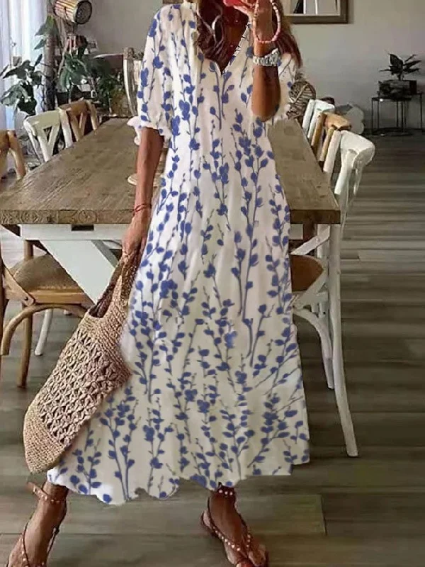 Factory Direct Sale V Neck Loose Blue Floral Casual Dress  WT89