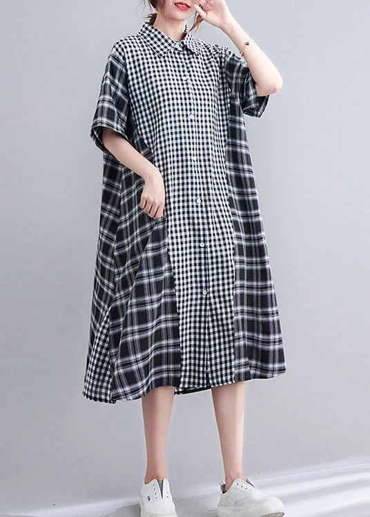 Act Now Loose Black Peter Pan Collar Plaid Patchwork Button Long Dress AC2092