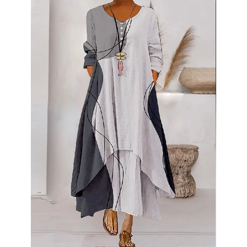 Online Only Women s Color Block Long Maxi Dress Button Layered Casual Dress Swing Dress Print Dress Fashion Modern Daily Vacation Weekend 3/4 Length Sleeve Crew Neck Dress Loose Fit Silver Black White AS301