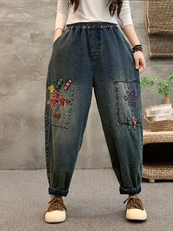 Bargain Bin Women Summer Retro Flower Embroidery Denim Harem Pants IO1021
