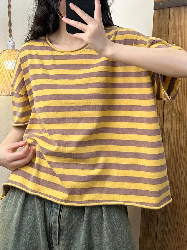 Now or Never Women Summer Casual Stripe Cotton Pullover Shirt IO1003