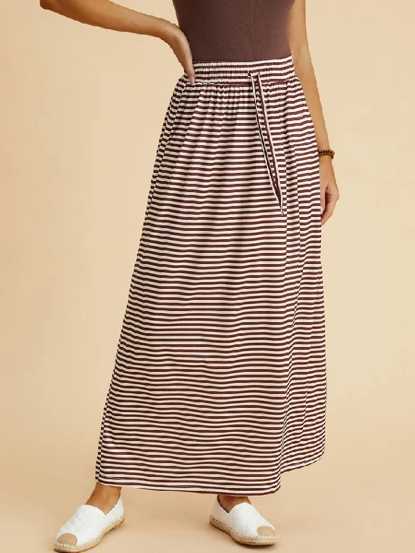 Early Bird Discount Casual Striped Elastic Waist Flared Long Skirt with Side Pockets  QS109