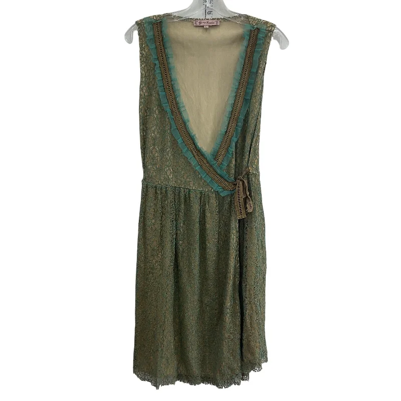 Unmissable Offer Young Essence Women's Mesh Green & Beige Wrap Dress L Midi Polyester Preowned