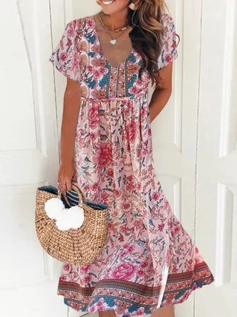 Sale Event Women's Vacation Casual Floral Short Sleeve V Neck Printed Dress MMr29