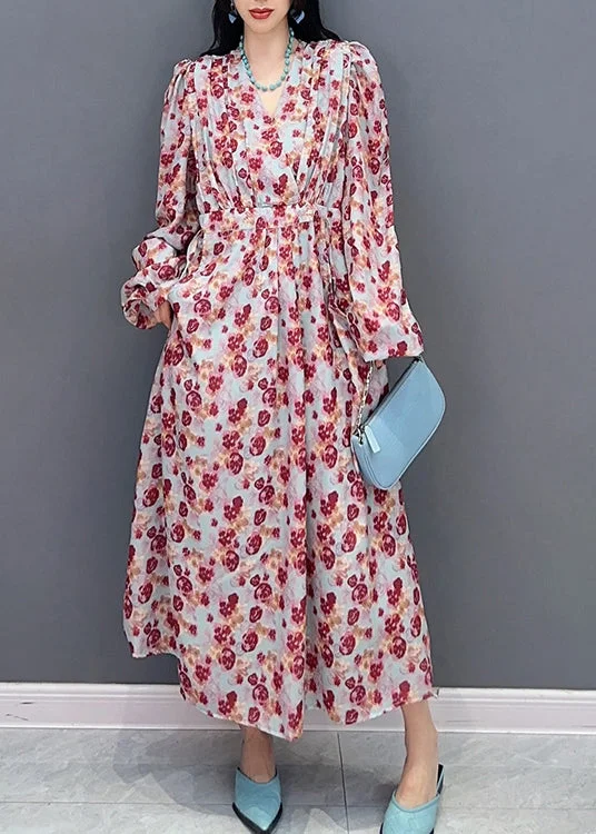 While Supplies Last Fashion V Neck Print Tie Waist Long Dress Spring LC0313