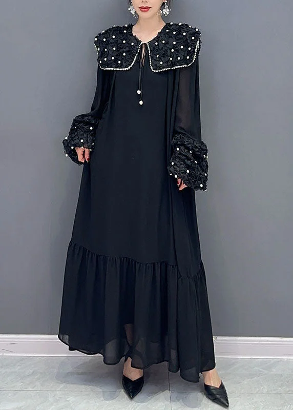 Huge Discounts Boho Black Peter Pan Collar Nail Bead Patchwork Long Cotton Dress Spring LC0346 Huge Discounts Boho Black Peter Pan Collar Nail Bead Patchwork Long Cotton Dress Spring LC0346