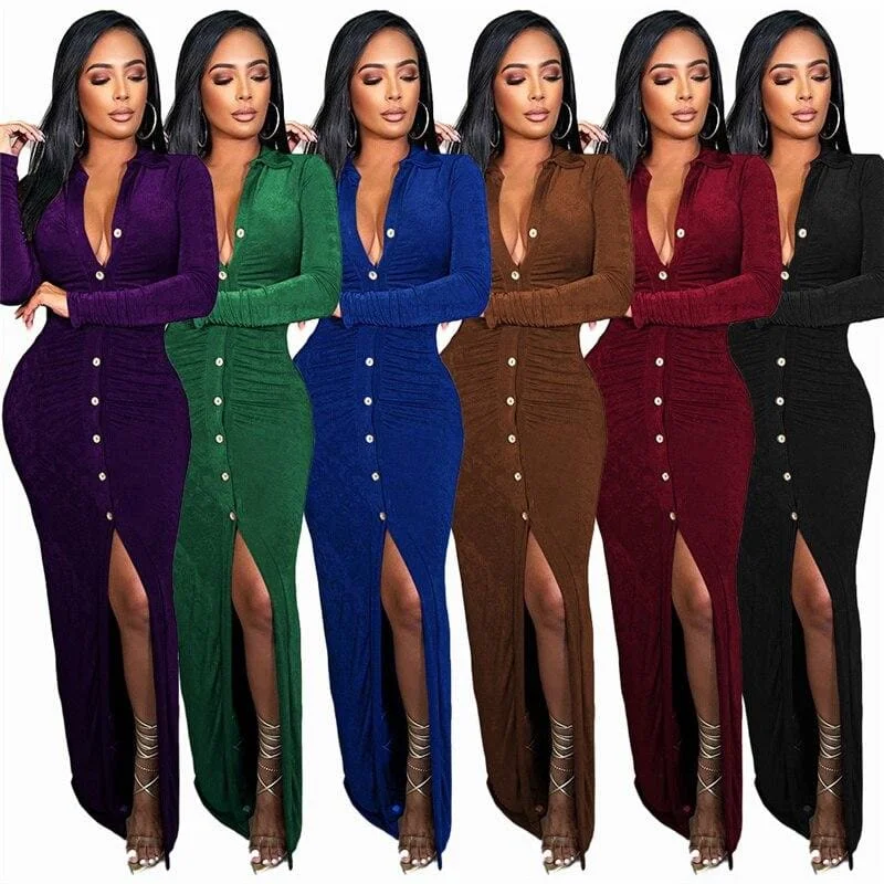 Fantastic Deals Turn-down Collar Button Split Bodycon Maxi Dress