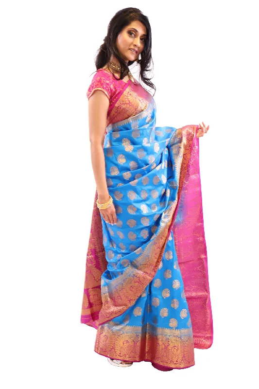 Clearance Sale Ocean Blue and Pink Silk Sari-SS04