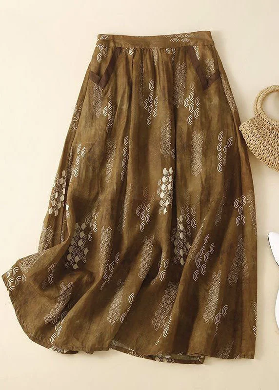 Lowest Price Coffee Pockets Print Patchwork Linen Skirt Wrinkled Summer LY0592