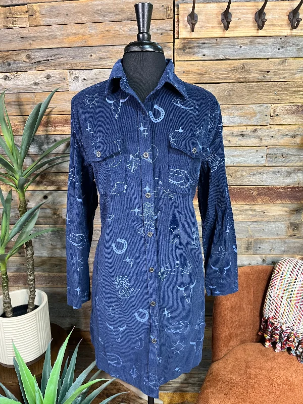 Special Discount Western Graphic Corduroy Blue Dress