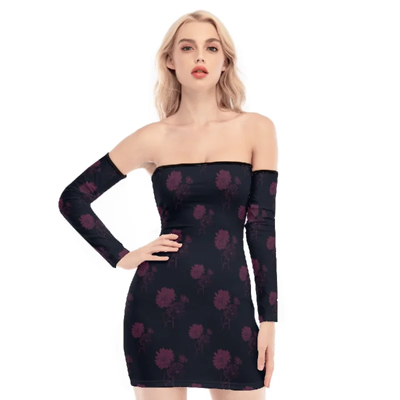 Best Deals Dark Purple Flowers Off-shoulder Back Lace-up Dress