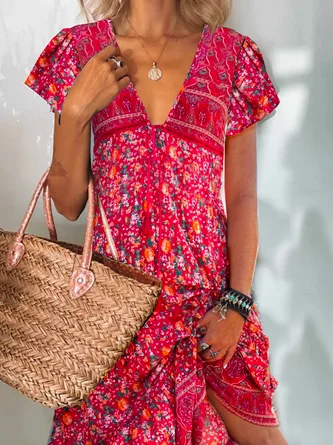 Steals and Deals V Neck Casual Short Sleeve Woven Dress MMr22