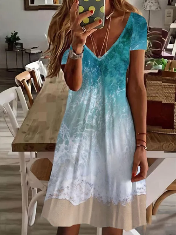 Super Sale Casual Painted V Neck Short Sleeve Dress  QA43