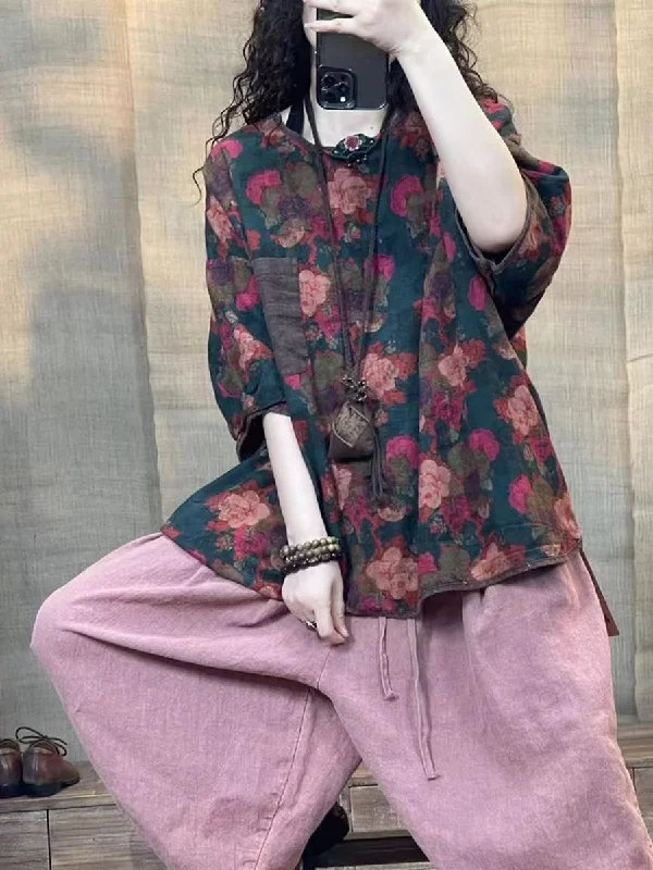 Take Advantage Women Summer Vintage Flower Print Linen Shirt WE1018