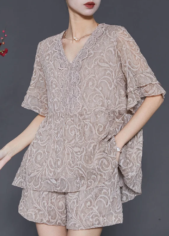 TIME-Limited Offer Women Khaki Jacquard Patchwork Lace Two Pieces Set Summer SD1080 TIME-Limited Offer Women Khaki Jacquard Patchwork Lace Two Pieces Set Summer SD1080