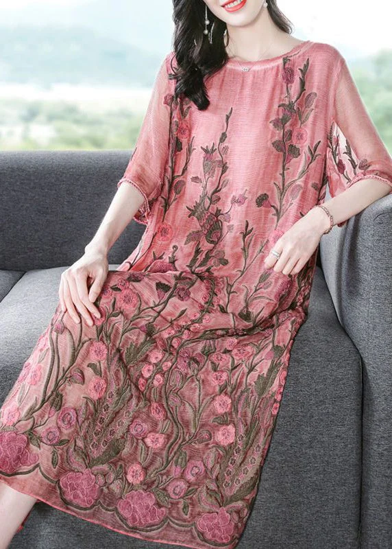 Seasonal Sale Modern Pink O-Neck Embroideried Silk A Line Dress Half Sleeve AC3050