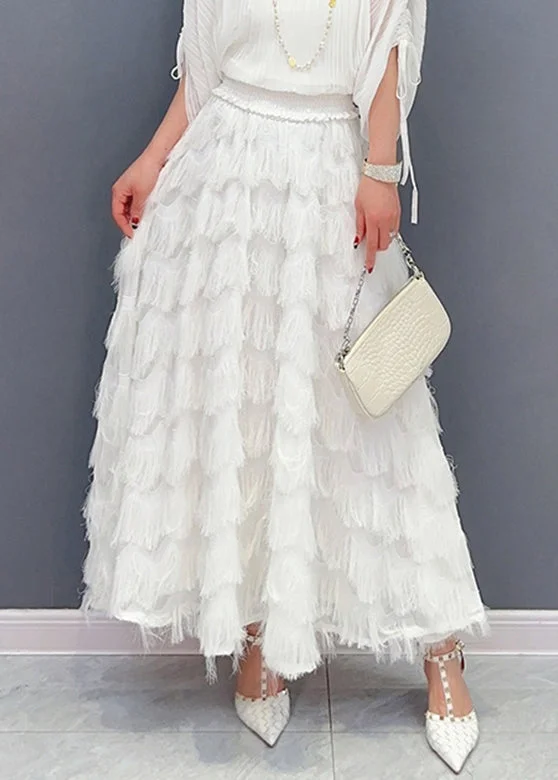 Limited Stock Stylish White Tassel Elastic Waist Maxi Skirt Spring LC0309