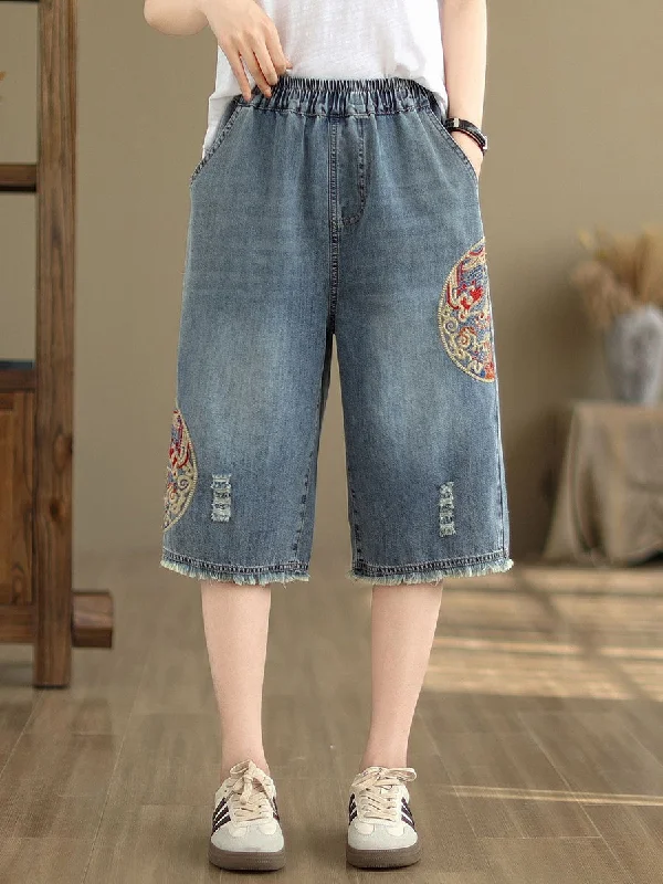 Discount Days Women Summer Embroidery Knee-Length Denim Pants IO1023