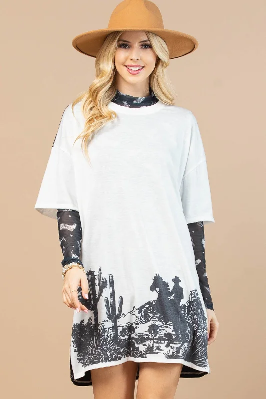 Super Deal Western Graphic Color Block T-Shirt Dress