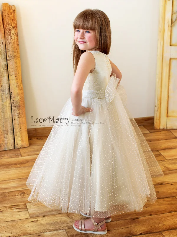 Super Sale MELA / Ivory Polka Dot Tulle and Champagne Silk Underlay Flower Girl Dress