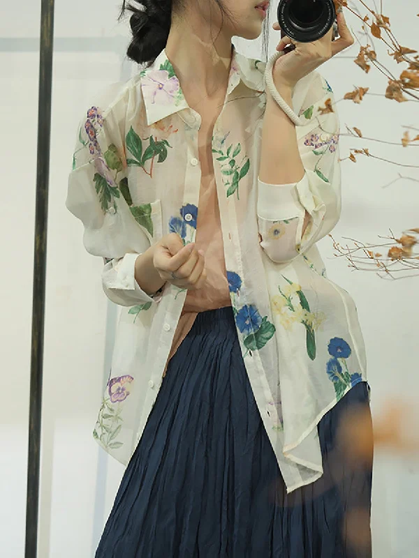 YEAR-End Clearance Women Summer Flower Casual Linen Button-up Shirt QW1049