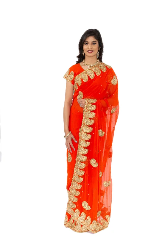 Limited Quantity Alluring Orange Ready-Made Pre-Pleated Sari