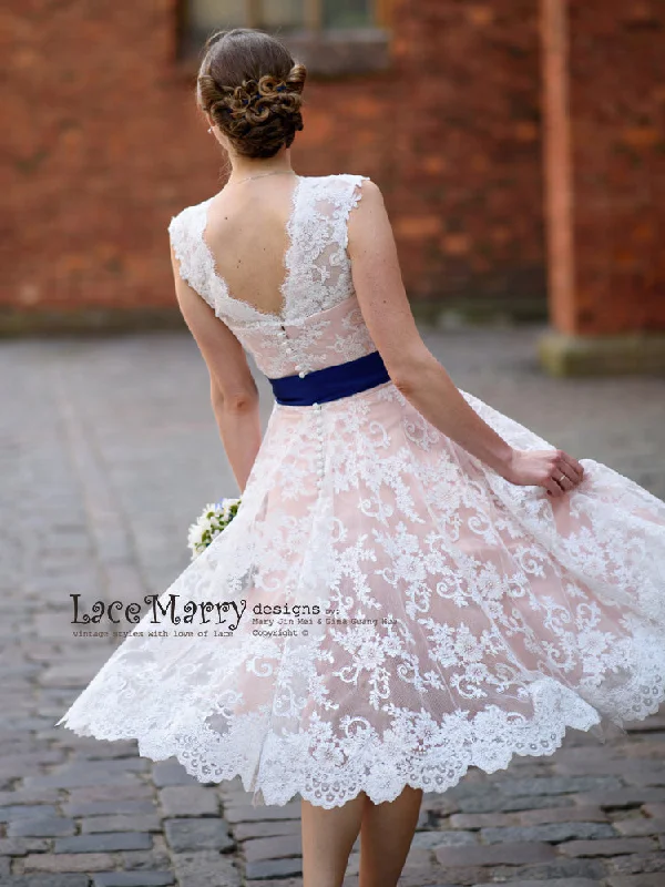 Fantastic Deals Short Blush Wedding Dress from Alencon Lace