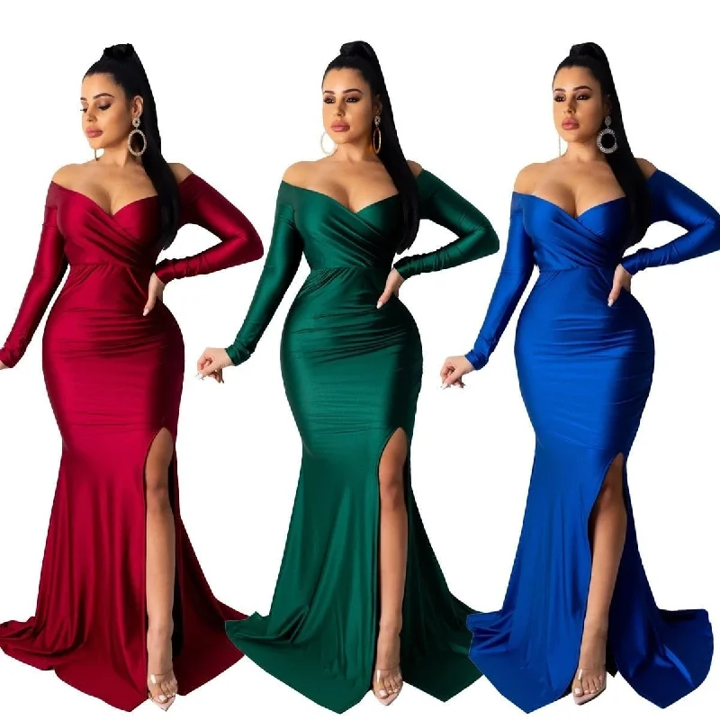 Clearance Items Off Shoulder Plunging V-neck High Side Split Mermaid Maxi Dress