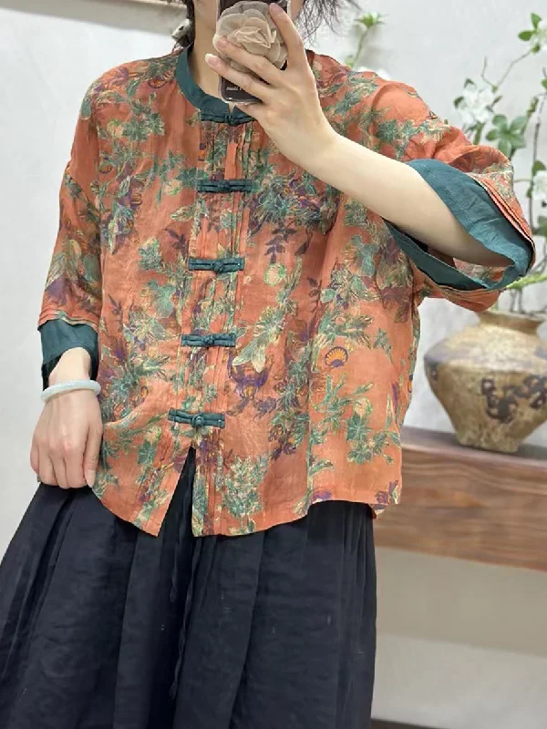 Huge Discounts Women Summer Vintage Flower Spliced Button-Up Ramie Shirt IO1008