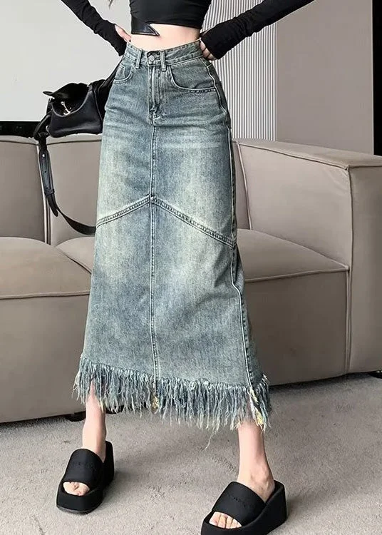 Special Savings Vintage Blue Patchwork Tassel Denim Maxi Skirts Summer TY1008