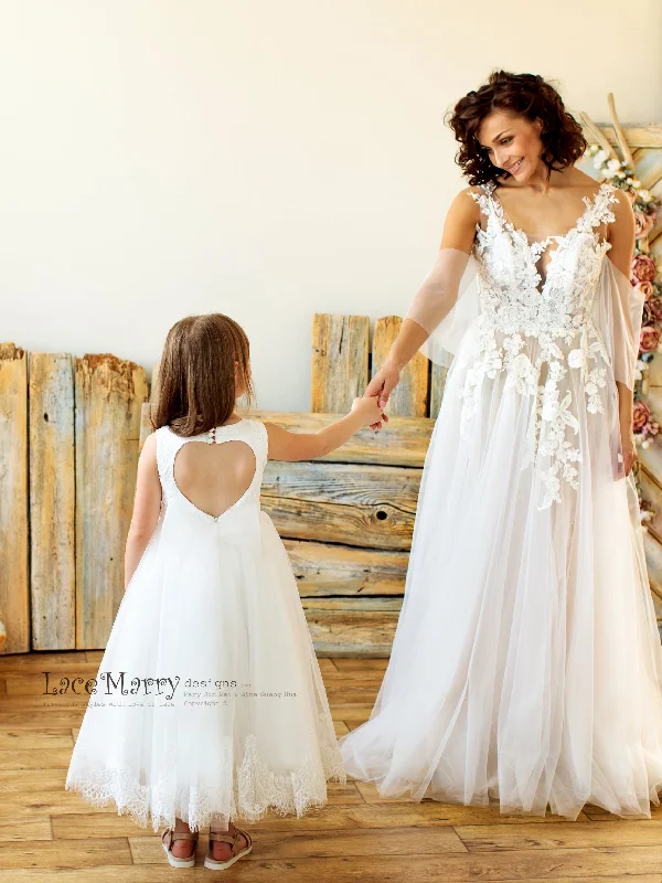 Fantastic Offers VIKA / Ivory Lace Flower Girl Dress With Princess Tulle Skirt