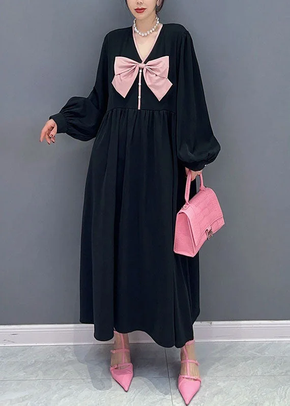 Can't Be Beat Unique Black V Neck Bow Patchwork Cotton Princess Dress Spring LC0365 Can't Be Beat Unique Black V Neck Bow Patchwork Cotton Princess Dress Spring LC0365