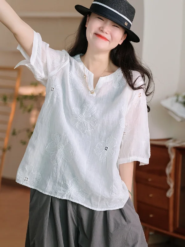 Price Cut Women Summer Artsy Flower Embroidery Ramie Shirt TY1036