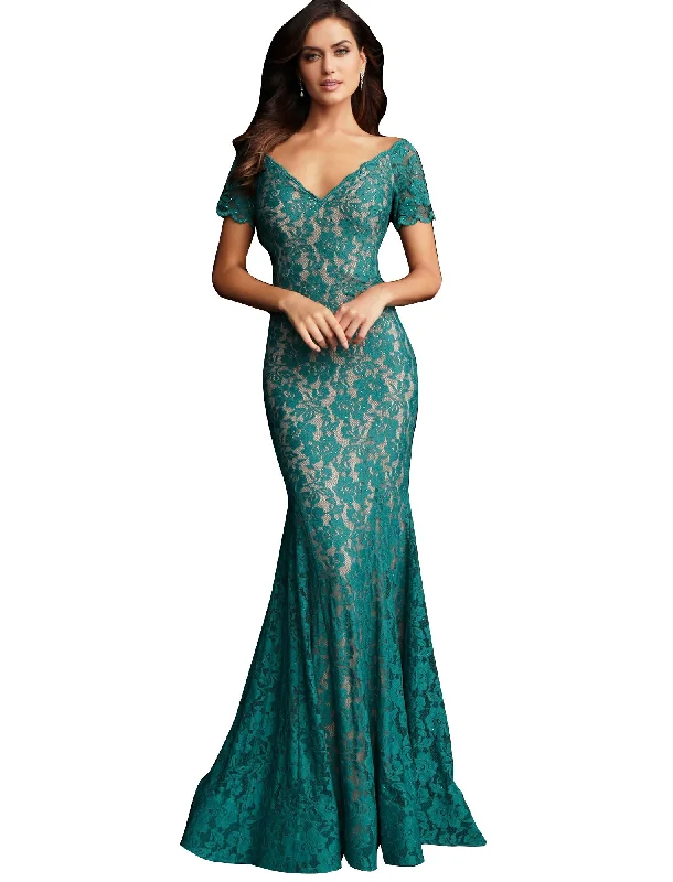 Price Drop Alert Jovani Emerald Embellished Lace Short Sleeve Prom Dress