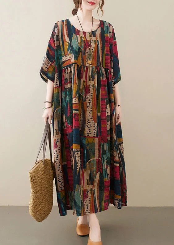 Super Sale Retro O-Neck Print Party Maxi Dress Half Sleeve AC2058