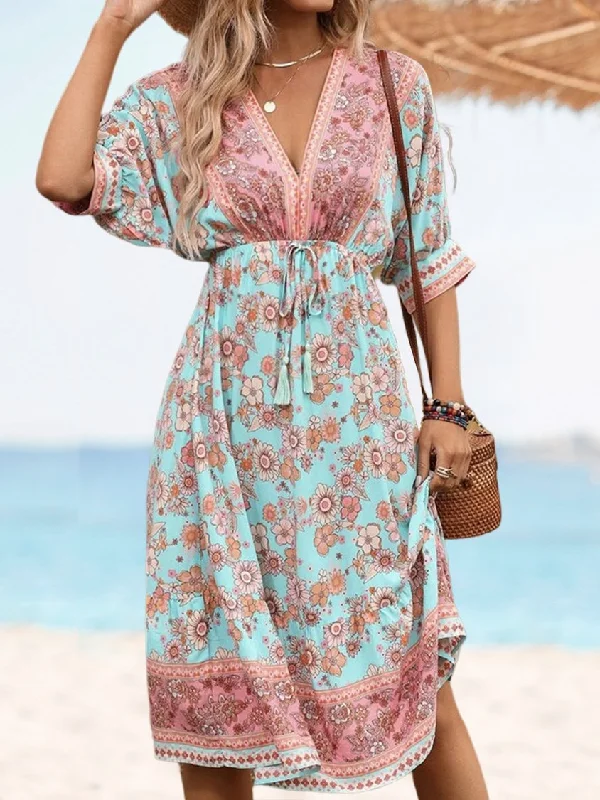 Price Reduction V Neck Vacation Floral Print Tie Back Batwing Sleeve Drawstring Waist Dress UU30 Price Reduction V Neck Vacation Floral Print Tie Back Batwing Sleeve Drawstring Waist Dress UU30
