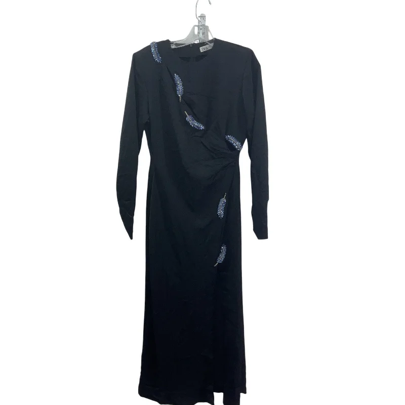 Must-Have Deals Zara Black & Blue Long Beaded Feather Women's Long Sleeve Wrap Shift Dress M NWT