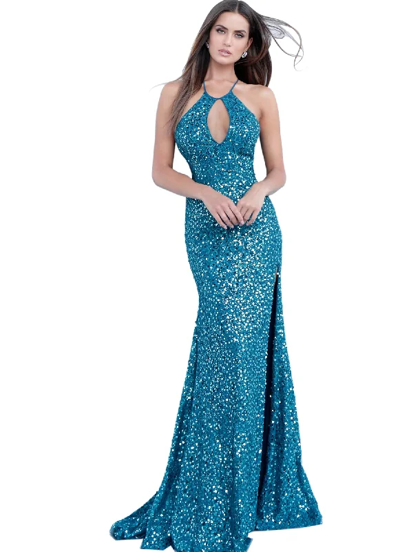 Members Only Jovani Teal Lace Key Hole Neckline Fitted Prom Dress