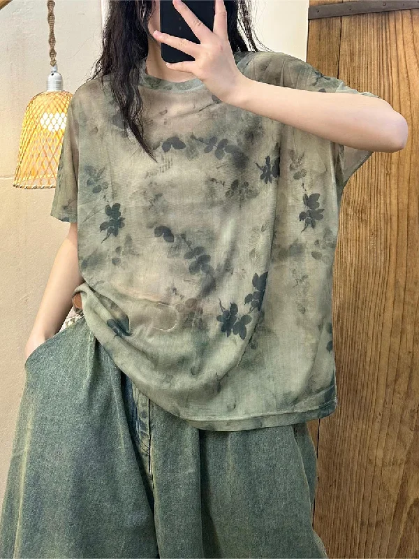 Clearance Items Women Summer Artsy Flower Worn Pullover Shirt QW1017