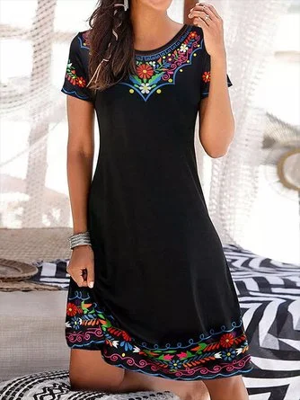 Savings Spectacular Women's Tribal Crew Neck Casual Short Sleeve Knit Dress EE36