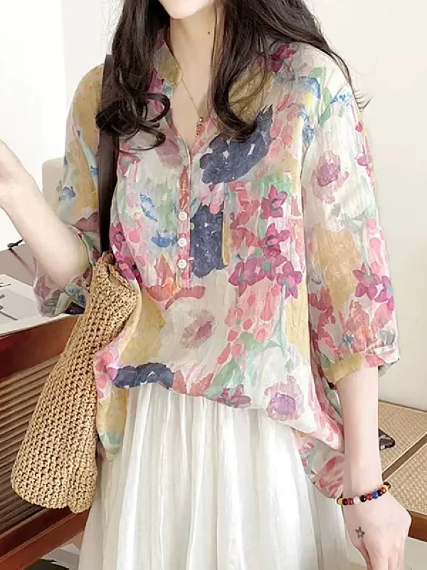 Final Clearance Women Summer Artsy Flower Ramie V-Neck Shirt AS1031