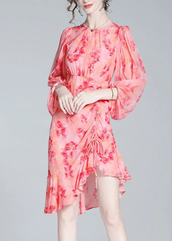 Early Access Elegant Pink O-Neck Print Tunic Slim Vacation Long Dresses Lantern Sleeve AC3037