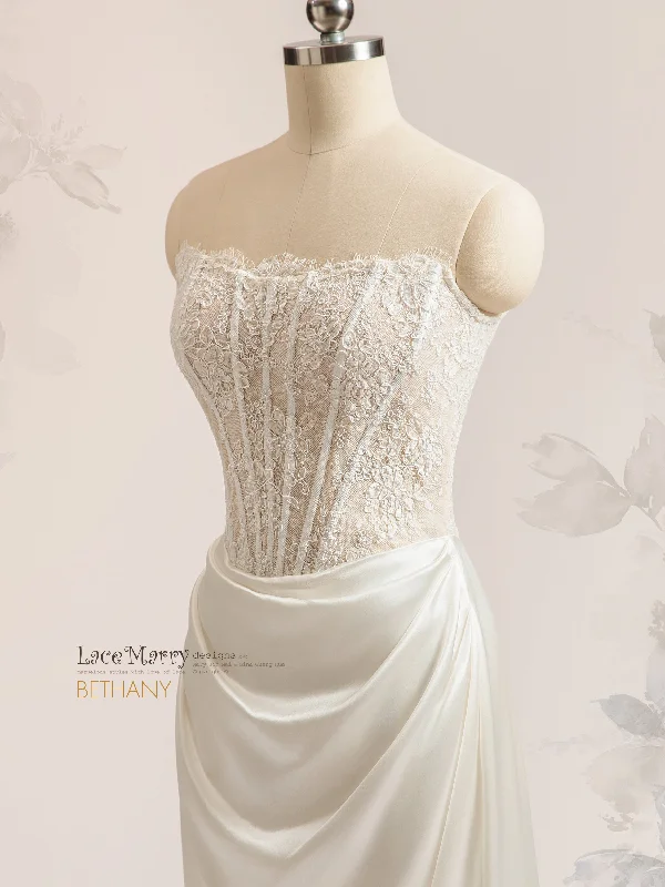 Low Prices BETHANY / Straight Neck Wedding Dress with Drape Satin Skirt