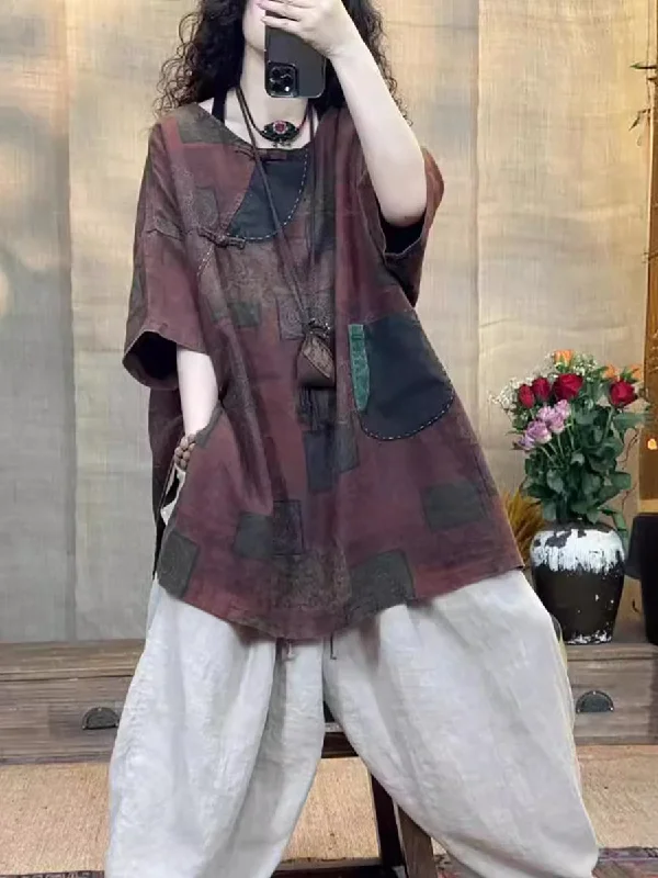 Act Now Women Summer Retro Spliced O-Neck Loose Linen Shirt TY1003