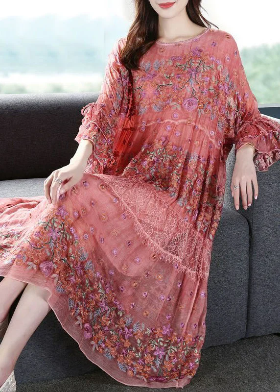 Buy More, Save More Chic Pink O-Neck Oversized Embroideried Silk Dresses Flare Sleeve AC3056 Buy More, Save More Chic Pink O-Neck Oversized Embroideried Silk Dresses Flare Sleeve AC3056