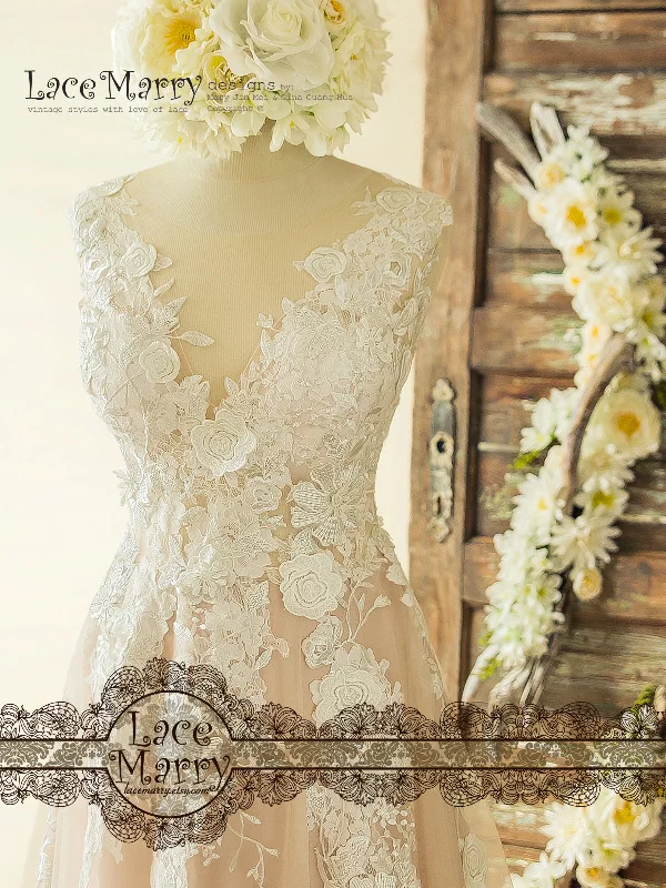 Grand Opening Sale Boho Blush Wedding Dress with Ivory Lace 3D Flower Appliques