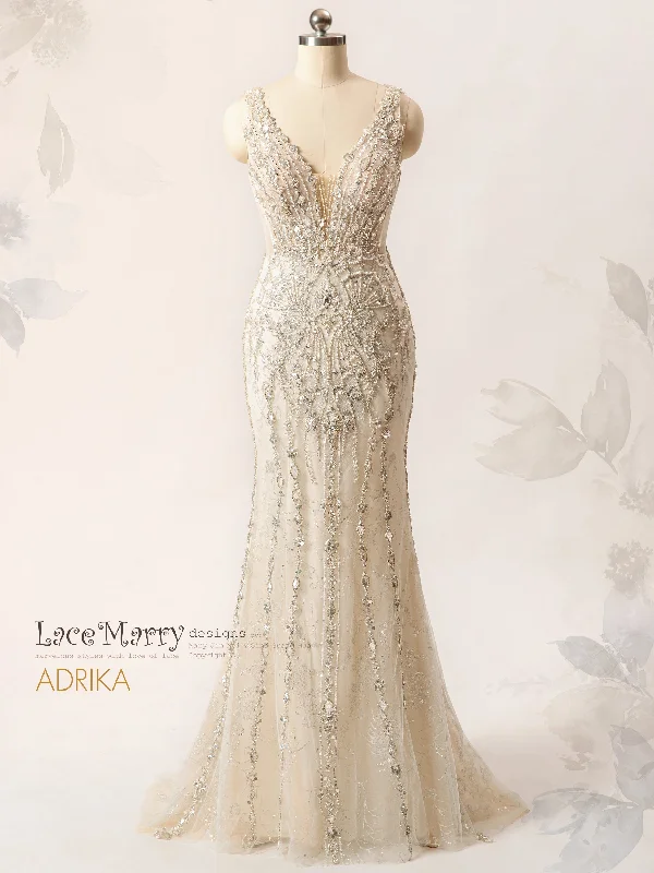 Unbeatable Prices ADRIKA / Fit and Flare Embellished Wedding Dress with Plunge Neck